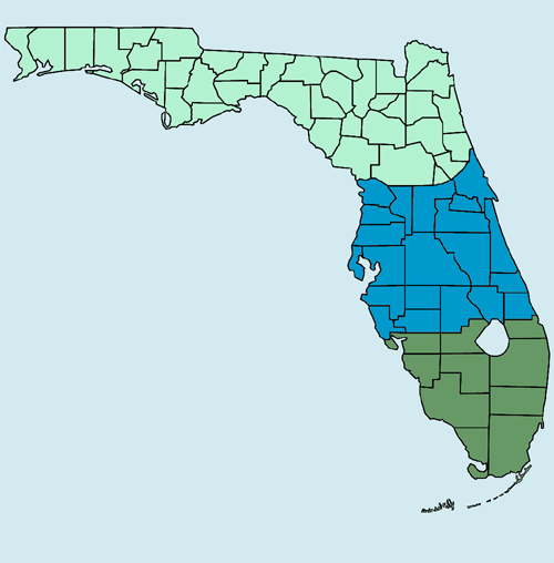clickable map of Florida showing north, central, and south regions in different colors