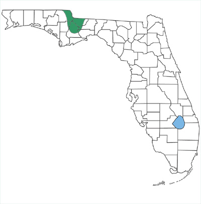map showing copperheads are only found in a small area of the panhandle