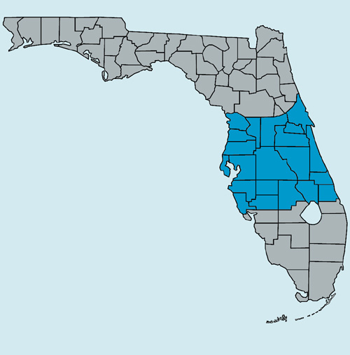 map indicating Central Florida as the region south of Alachua County and north of Lake Okeechobee