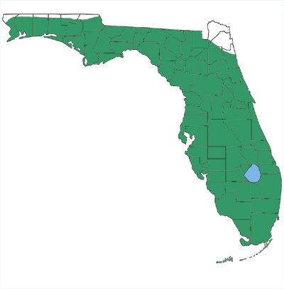 map showing Florida green watersnakes are found throughout most of Florida