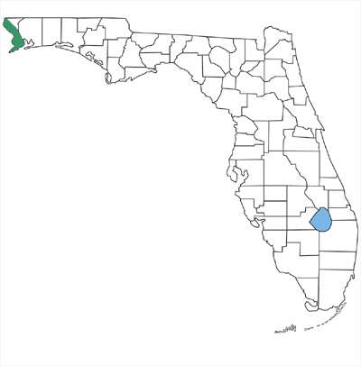 map showing Mississippi green watersnakes are only found in the extreme western panhandle in Florida